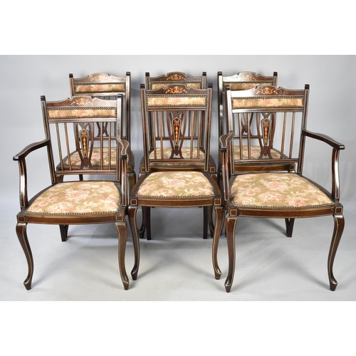 608 - An Edwardian Inlaid Salon Suite of Six Chairs to include Two Carvers