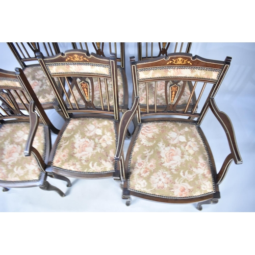 608 - An Edwardian Inlaid Salon Suite of Six Chairs to include Two Carvers