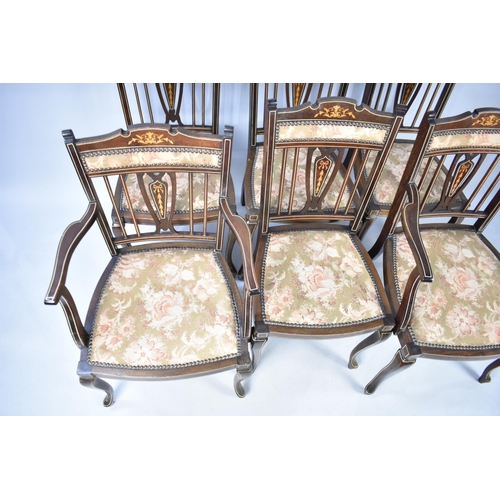 608 - An Edwardian Inlaid Salon Suite of Six Chairs to include Two Carvers