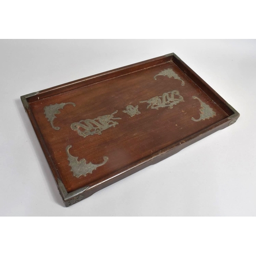 89 - A Wooden and Pewter Mounted Chinese Tray, Dragon and Bat Motif, 50.5cm wide