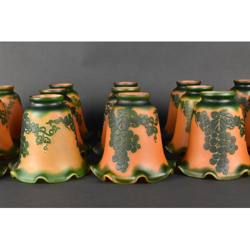 390 - A Set of Fifteen Cameo Glass Light Shades, Green Grape and Vine on Orange Ground, 13.5cm high