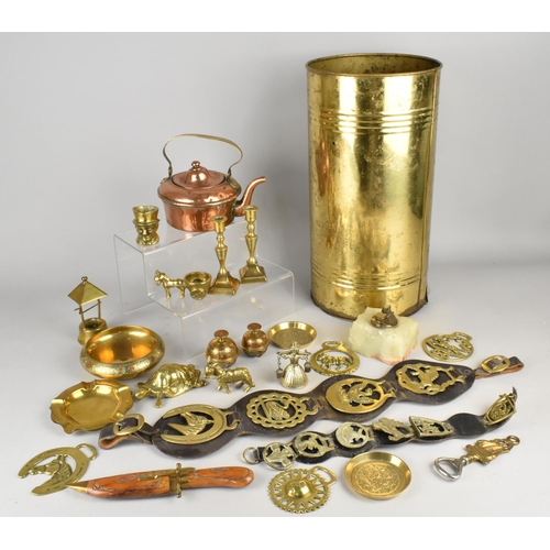 494 - A Collection of Various Metalwares to Comprise Brass Stick Stand, Copper Kettle, Brass Ornaments etc