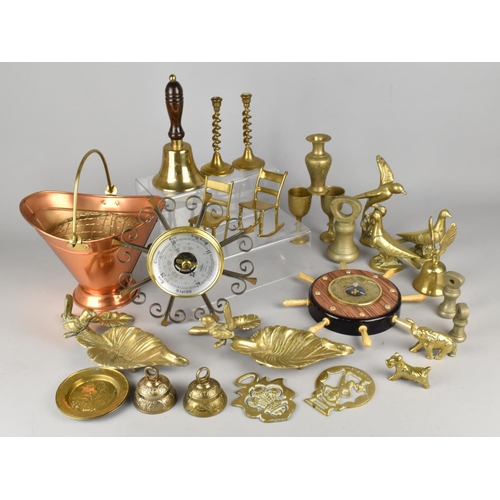 495 - A Collection of Metalwares to Comprise Brass Ornaments, Birds, Candlesticks, Miniature Copper and Br... 