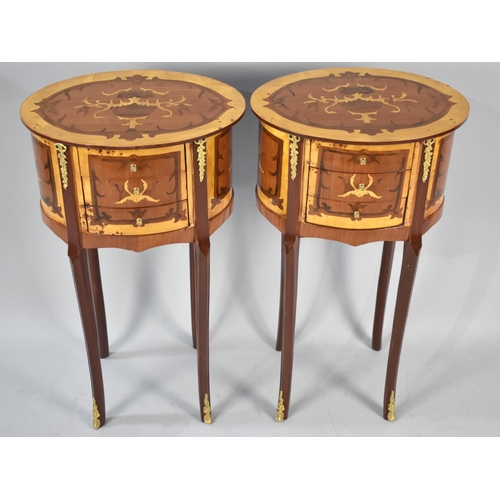 104 - A Pair of Reproduction Inlaid Oval French Style Ormolu Mounted Three Drawer Side Cabinets, 40cms Wid... 