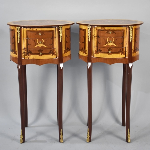 104 - A Pair of Reproduction Inlaid Oval French Style Ormolu Mounted Three Drawer Side Cabinets, 40cms Wid... 