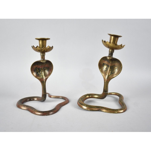 108 - A Pair of Niello Style Indian Cobra Brass Candlesticks, 22cms High