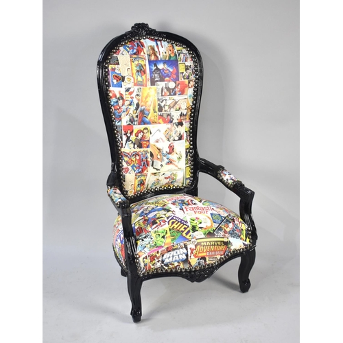 111 - A Reproduction Black Painted Ladies Nursing Armchair, Upholstered in Marvel Comic Patterned Material