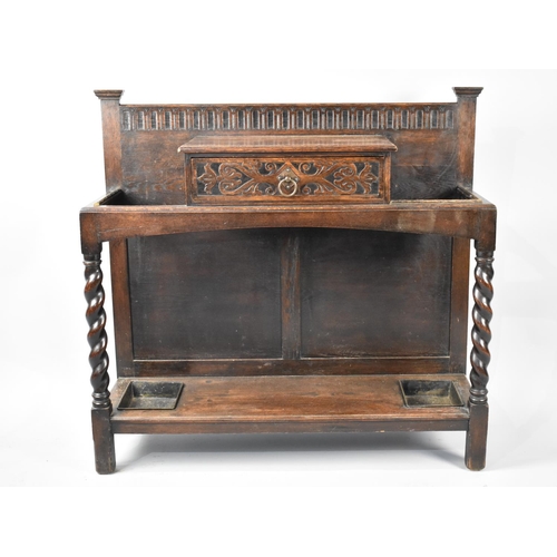 115 - An Edwardian Oak Hall Stand with Centre Drawer, Barley Twist Front Supports and Metal Drip Trays, 10... 