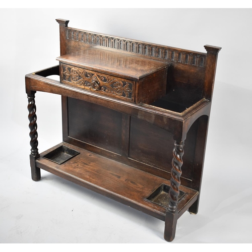 115 - An Edwardian Oak Hall Stand with Centre Drawer, Barley Twist Front Supports and Metal Drip Trays, 10... 