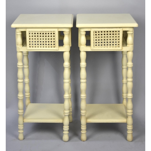 124 - A Pair of Cream Painted Bobbin Legged and Cane Panelled Stands, 29cms Square and 61cms High