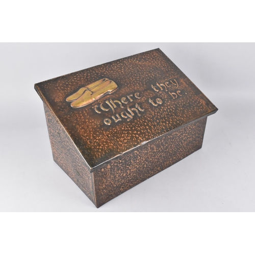 131 - A Hand Beaten Copper and Brass Arts and Crafts Slipper Box, Sloping Hinged Lid Inscribed 'Where They... 