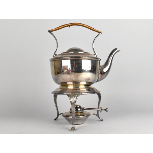 136 - An Edwardian Silver Plated Spirit Kettle on Stand, Caned Handle, Complete with Burner