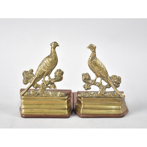 16 - A Pair of Victorian Brass Pheasant Ornaments on Later Wooden Bases to Form Bookends, 11cms High