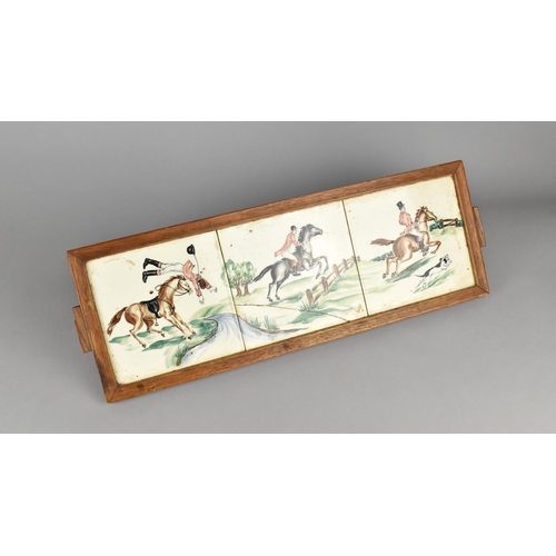 170 - A Hand Made Wooden Framed Tray formed from Three Hand Painted Tiles Decorated with Hunting Scenes, C... 