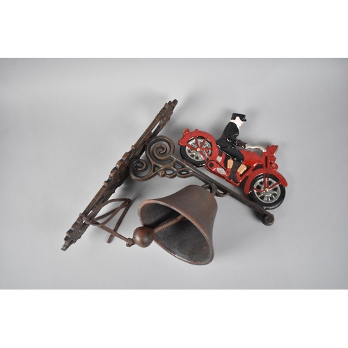 180 - A Cold Painted Cast Metal Hall Hanging Doorbell decorated with Vintage Motorcyclist, 38cms High, Plu... 