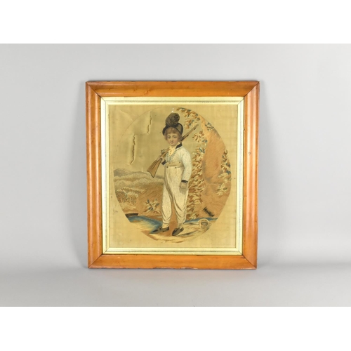 186 - An Early 19th Century Silk Embroidery Depicting Child Dressed as Soldier, 28x28cms in Oval, Conditio... 