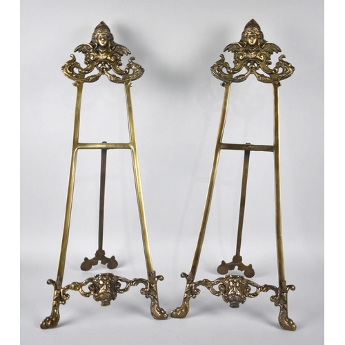 193 - A Pair of Large, French, Ormolu Easel Back Picture Stands with Maiden Head Finials, 58cms High