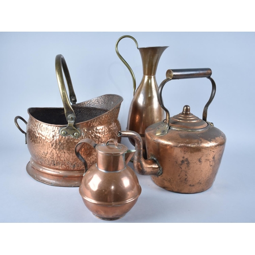 206 - A Collection of Various Copper Items to include Large Kettle, Guernsey Lidded Jug, Tall Ewer and Hel... 