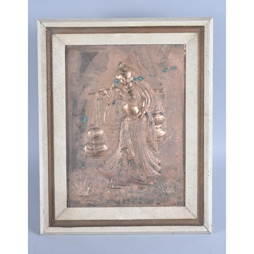 211 - A Framed Indian Copper Relief Depicting Maiden with Yoke, 21x29cms