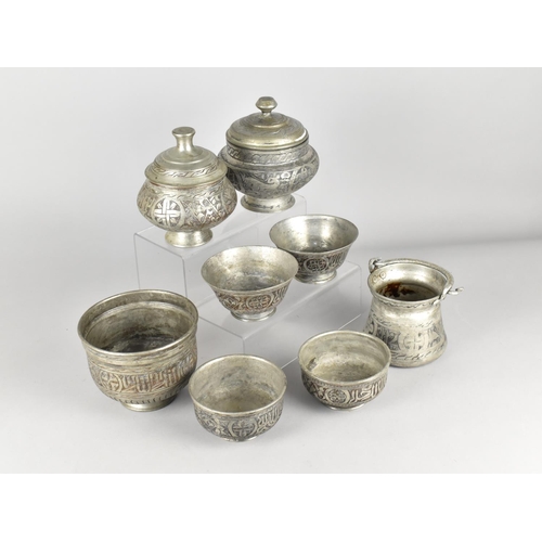 218 - A Collection of Various Bowls and Lidded Pots, All with Naive Islamic Decoration