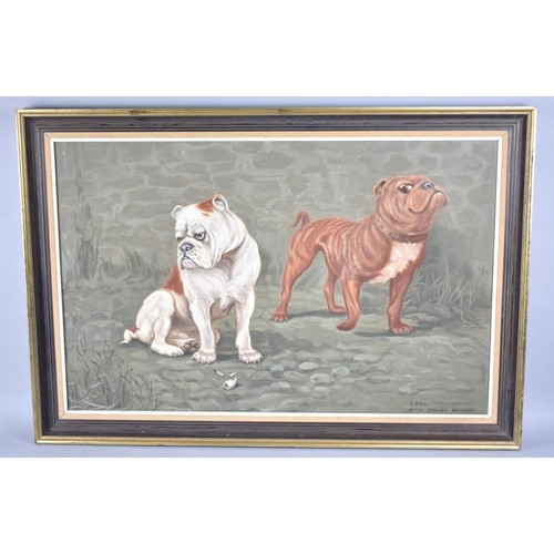 219 - A Large Framed Oil on Board, Two Bulldogs, 'Oeillade Amoureuse', After Stanley Berkeley, 77x44cms