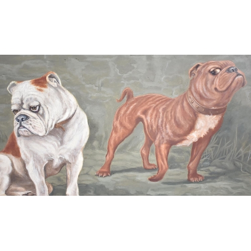 219 - A Large Framed Oil on Board, Two Bulldogs, 'Oeillade Amoureuse', After Stanley Berkeley, 77x44cms