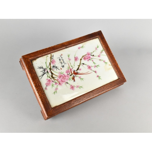 235 - A Reproduction Chinese Porcelain Stand depicting Birds on Branch with Blossom, 28x19cms