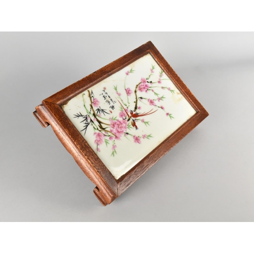 235 - A Reproduction Chinese Porcelain Stand depicting Birds on Branch with Blossom, 28x19cms