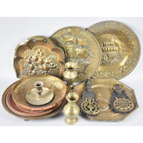 249 - A Collection of Various Brass and Copper Circular Wall Hangings, Bedchamber Sticks, Vases Etc