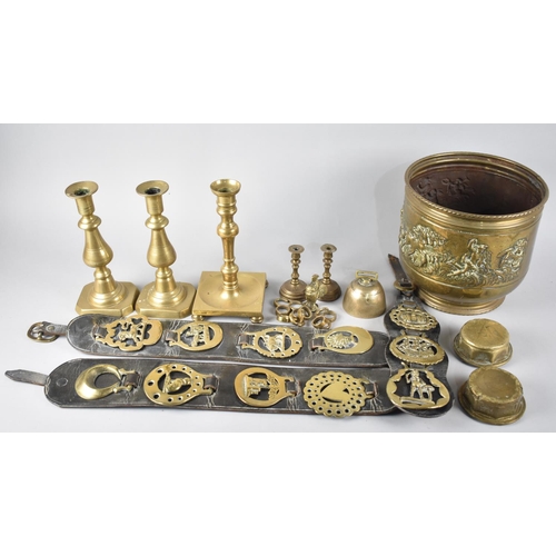 254 - A Collection of Various Brasswares to include Candlesticks, Pair of Hubcaps, Horse Brasses Etc