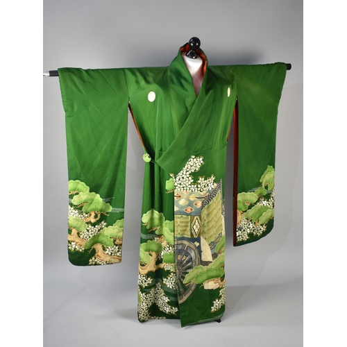 266 - An Early/Mid 20th Century Silk Printed and Embroidered Kimono, Green Ground with Blossoming Trees an... 