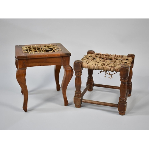 267 - Two Mid 20th Century Square Stools, One with Rush Top, the Other with Lattice Leather, Both Require ... 