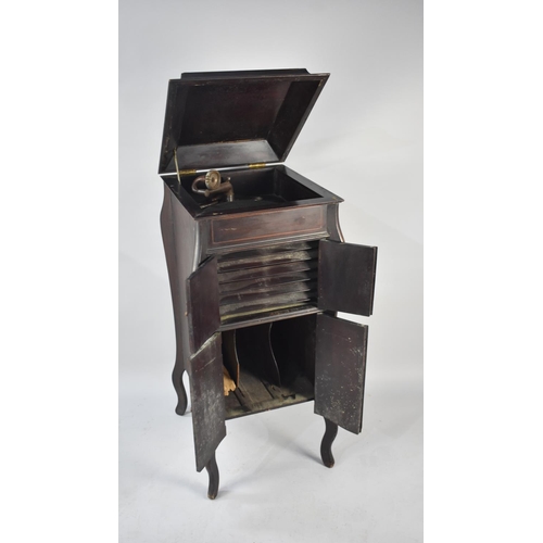 270 - An Edwardian String Inlaid Wind Up Gramophone with Panelled Doors to Front, Lift Top, Mechanism Work... 