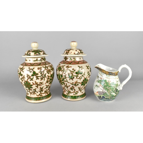 302 - A Pair of Chinese Crackle Glazed Baluster Jars and Covers Decorated with Applied Red and Green Ename... 