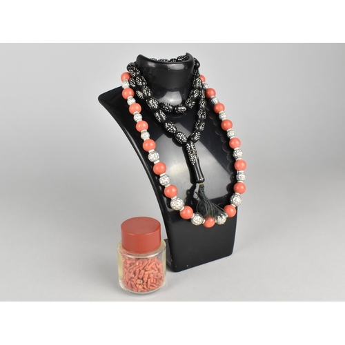 307 - A String of Islamic Prayer Beads, Wooden and Inlaid with White Metal, Together with a Red Coral and ... 