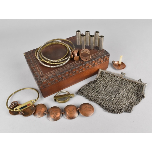 310 - A Wooden Carved Box Containing a Collection of Various Vintage Items to include Mixed Metal Bangles,... 