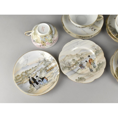 329 - A Nice Quality Japanese Porcelain Egg Shell Tea Set Hand Painted with Landscape River Village Seen D... 