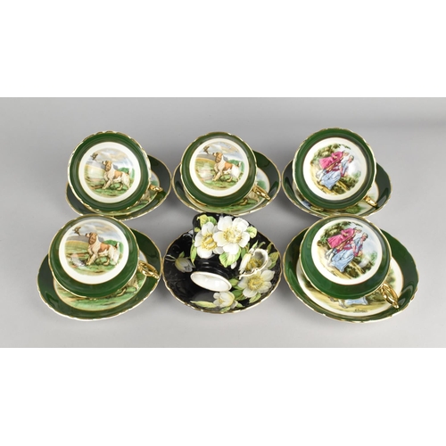 338 - A Collection of Regency China Tea Cups and Saucers, all Decorated with Green Inset Trim Three Having... 