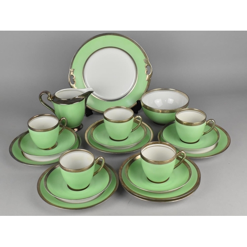 344 - A German Carl Tielsch Altwasser Sterling Silver on Porcelain Green Ground Tea Set to Comprise Cake P... 