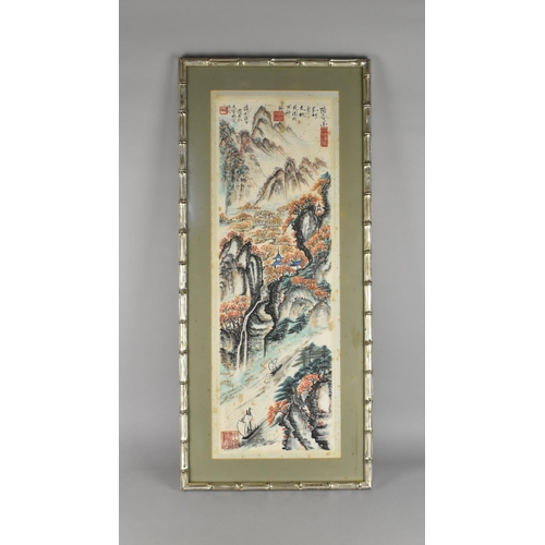 357 - A Chinese Watercolour, Mountain River Scene, Subject 25.5x73cm, Glazed and in Silvered Faux Bamboo, ... 