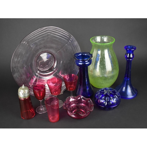 359 - A Collection of Various Coloured Glass to Comprise Blue Overlaid Lidded Pot, Blue Glass Vase, Candle... 