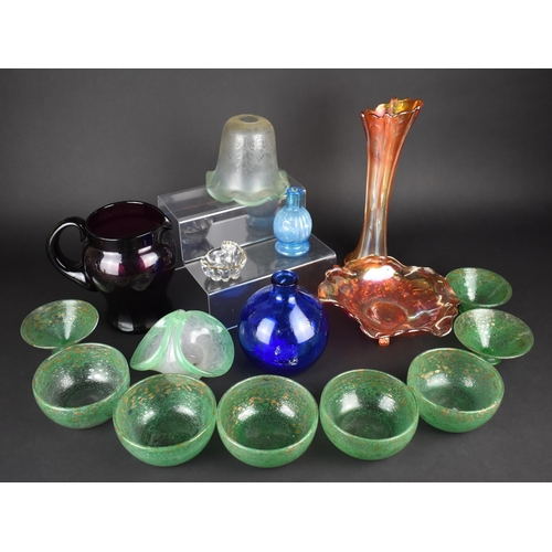 360 - A Collection of Various Coloured Glass to Comprise Set of Five Green and Gilt Bubble Glass Bowls and... 