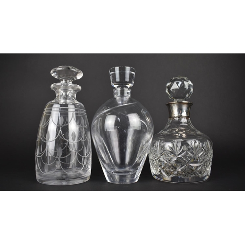 363 - Three Various Glass Decanters to Include Cut Glass Example with White Metal Collar, 20cm high