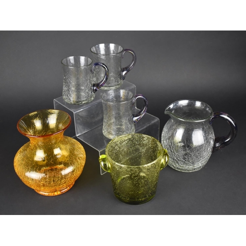 368 - A Collection of Coloured Crackle Glazed Glass to Comprise Jug and Three Tankards, Vase and an Ice Bu... 