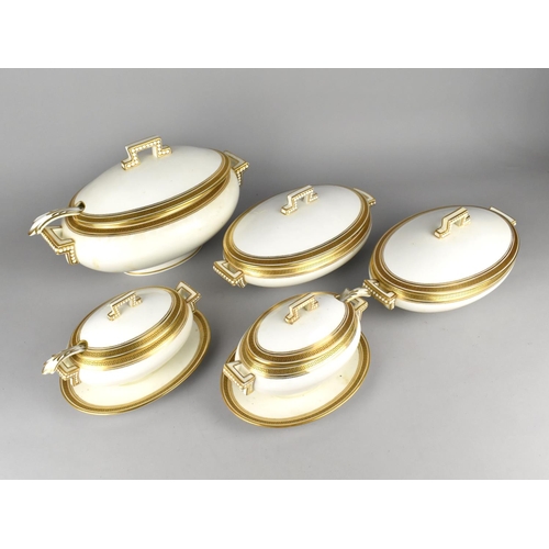 374 - A Collection of Five Various Cauldon Black Greek Key on Gilt Trim Lidded Tureens, Three with Ladles ... 