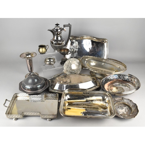 387 - A Collection of Various Silver Plated Items to Comprise Galleried Trays, Coffee Pot, Basket, Mustard... 