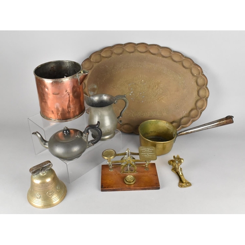 388 - A Collection of Various Metal Wares to Comprise Brass Pan, Copper Pot (AF), Early 20th Century Posta... 