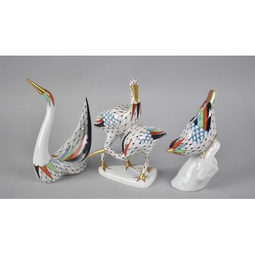 407 - Three Hungarian Hollohaza Birds, Pair of Cranes, Swan and Bird