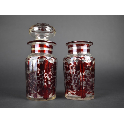 426 - A Pair of 19th Century Red Flashed Glass Jars Decorated with Leaves and Vines, One with Cover, Vario... 