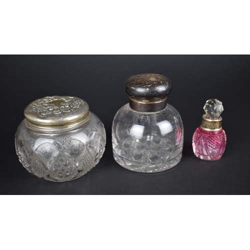 434 - Three Silver Mounted Dressing Table Pots to include Pink Glass Example, 7.5cms High, a Heavy Bell Sh... 